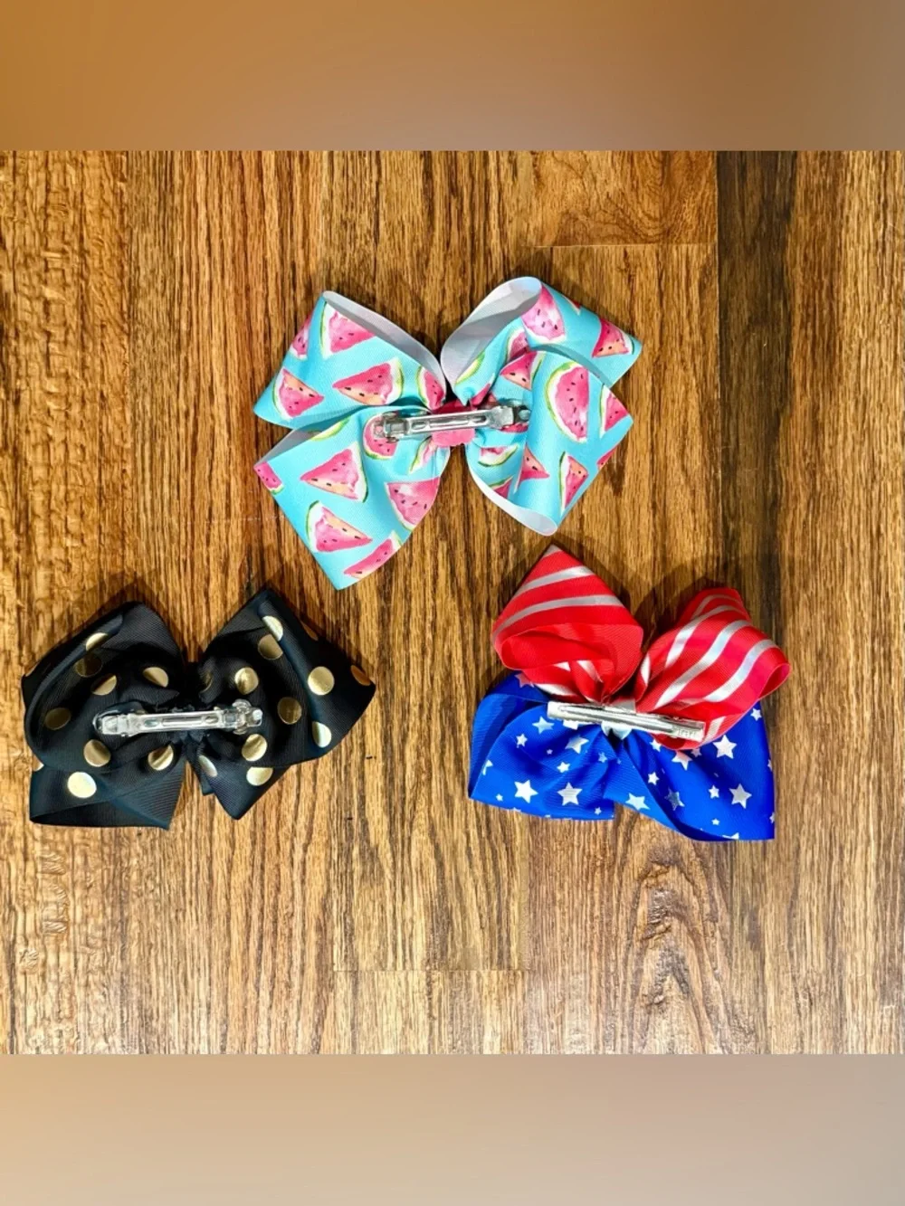 Hair bows, (3) little girls 6”-7” bows, watermelon, black & gold polka dot, USA